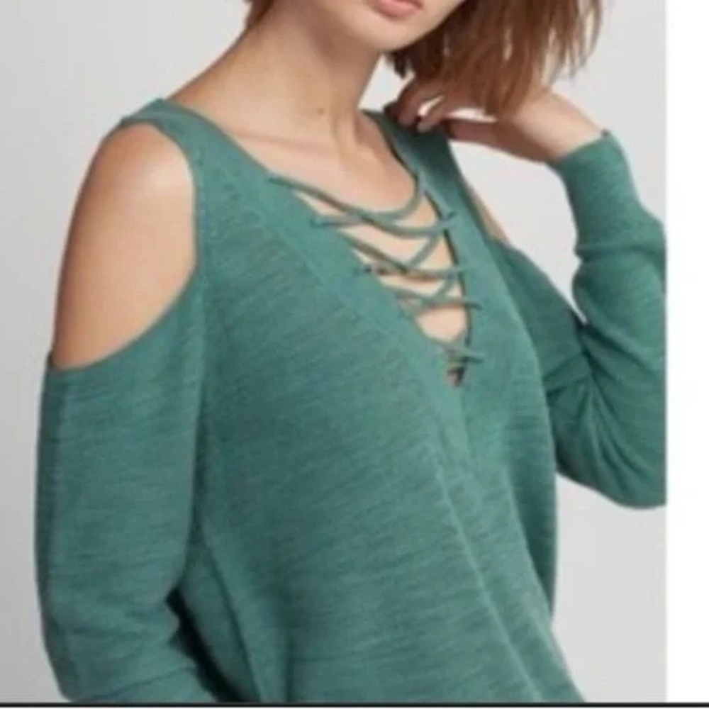 Express Green Lace-Up Sweater Top - Picture 3 of 3